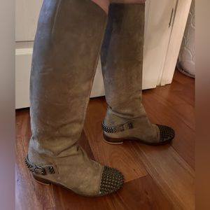 Christian Louboutin Taupe Suede Knee-High Boots with Studded Cap Toe